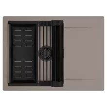 HD Onyx Tortora 68-XL egymedencés mosogatótálca szett, matt fekete csepegtetőráccsal és kosárral, csepegtetőtálcával, tortora színben, matt fekete leeresztő szifonnal