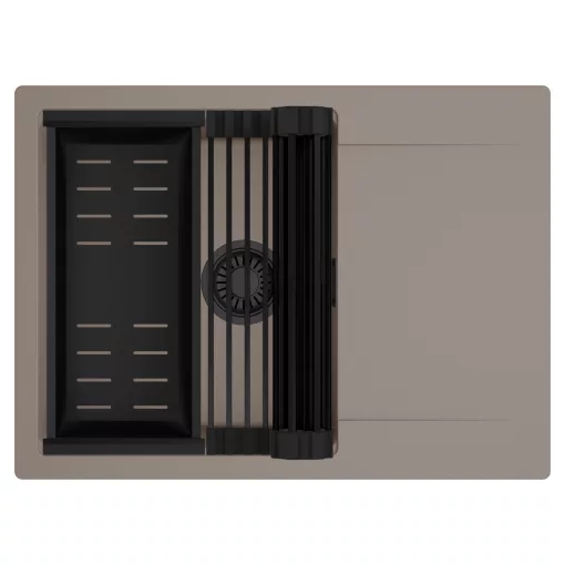 HD Onyx Tortora 68-XL egymedencés mosogatótálca szett, matt fekete csepegtetőráccsal és kosárral, csepegtetőtálcával, tortora színben, matt fekete leeresztő szifonnal