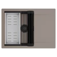 HD Onyx Tortora 68-XL egymedencés mosogatótálca szett, matt fekete csepegtetőráccsal és krómozott kosárral, csepegtetőtálcával, tortora színben, matt fekete leeresztő szifonnal