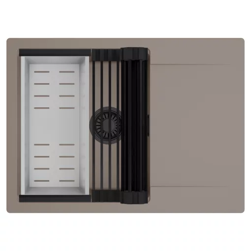 HD Onyx Tortora 68-XL egymedencés mosogatótálca szett, matt fekete csepegtetőráccsal és krómozott kosárral, csepegtetőtálcával, tortora színben, matt fekete leeresztő szifonnal