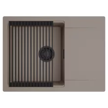 HD Onyx Tortora 68-XL egymedencés mosogatótálca szett, matt fekete csepegtetőráccsal, csepegtetőtálcával, tortora színben, matt fekete leeresztő szifonnal