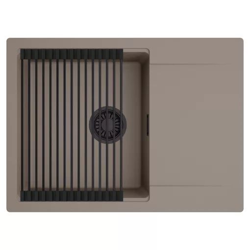 HD Onyx Tortora 68-XL egymedencés mosogatótálca szett, matt fekete csepegtetőráccsal, csepegtetőtálcával, tortora színben, matt fekete leeresztő szifonnal