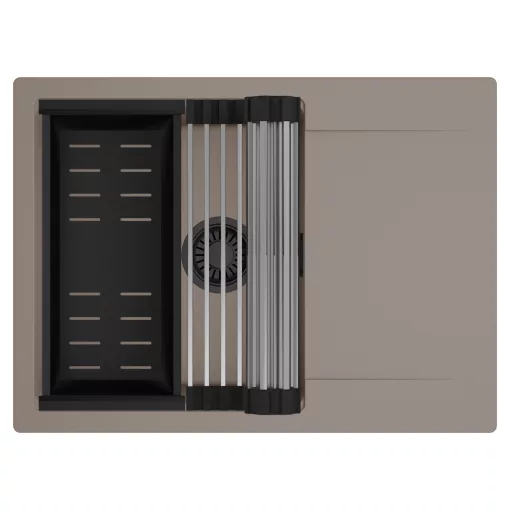 HD Onyx Tortora 68-XL egymedencés mosogatótálca szett, acél csepegtetőráccsal és matt fekete kosárral, csepegtetőtálcával, tortora színben, matt fekete leeresztő szifonnal