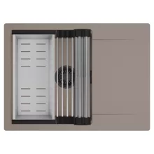 HD Onyx Tortora 68-XL egymedencés mosogatótálca szett, acél csepegtetőráccsal és kosárral, csepegtetőtálcával, tortora színben, matt fekete leeresztő szifonnal