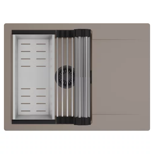 HD Onyx Tortora 68-XL egymedencés mosogatótálca szett, acél csepegtetőráccsal és kosárral, csepegtetőtálcával, tortora színben, matt fekete leeresztő szifonnal