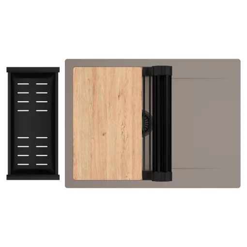 HD Onyx Tortora 68-XL egymedencés gránit mosogatótálca szett, csepegtetőtálcával, vágódeszkával, matt fekete csepegtetőráccsal és kosárral, tortora színben, matt fekete leeresztő szifonnal