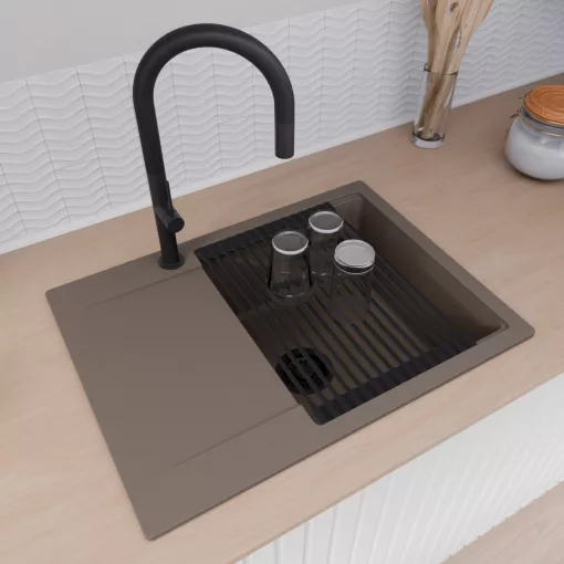 HD Onyx Tortora 68-XL egymedencés gránit mosogatótálca szett, csepegtetőtálcával, vágódeszkával, matt fekete csepegtetőráccsal és kosárral, tortora színben, matt fekete leeresztő szifonnal