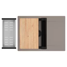 HD Onyx Tortora 68-XL egymedencés gránit mosogatótálca szett, csepegtetőtálcával, vágódeszkával, matt fekete csepegtetőráccsal és krómozott kosárral, tortora színben, matt fekete leeresztő szifonnal