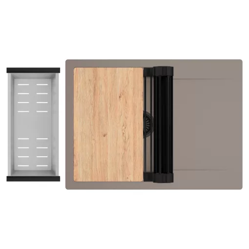 HD Onyx Tortora 68-XL egymedencés gránit mosogatótálca szett, csepegtetőtálcával, vágódeszkával, matt fekete csepegtetőráccsal és krómozott kosárral, tortora színben, matt fekete leeresztő szifonnal