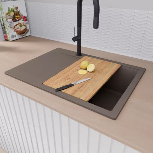 HD Onyx Tortora 68-XL egymedencés gránit mosogatótálca szett, csepegtetőtálcával, vágódeszkával, matt fekete csepegtetőráccsal és krómozott kosárral, tortora színben, matt fekete leeresztő szifonnal