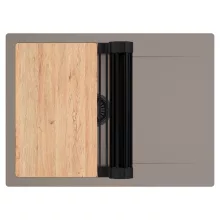 HD Onyx Tortora 68-XL egymedencés gránit mosogatótálca szett, csepegtetőtálcával, vágódeszkával, matt fekete csepegtetőráccsal, tortora színben, matt fekete leeresztő szifonnal