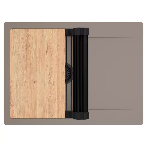 HD Onyx Tortora 68-XL egymedencés gránit mosogatótálca szett, csepegtetőtálcával, vágódeszkával, matt fekete csepegtetőráccsal, tortora színben, matt fekete leeresztő szifonnal