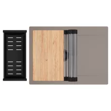 HD Onyx Tortora 68-XL egymedencés gránit mosogatótálca szett, csepegtetőtálcával, vágódeszkával, acél csepegtetőráccsal és matt fekete kosárral, tortora színben, matt fekete leeresztő szifonnal