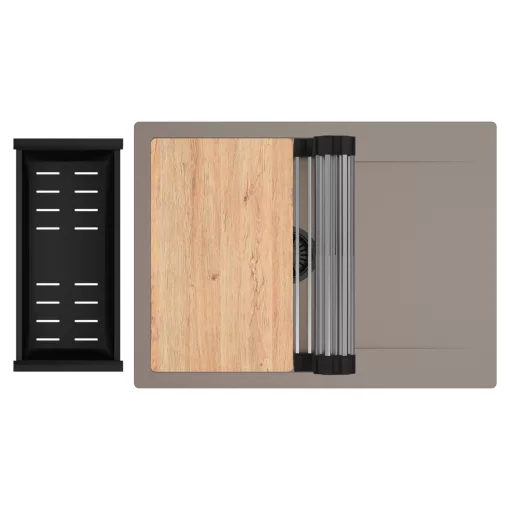 HD Onyx Tortora 68-XL egymedencés gránit mosogatótálca szett, csepegtetőtálcával, vágódeszkával, acél csepegtetőráccsal és matt fekete kosárral, tortora színben, matt fekete leeresztő szifonnal