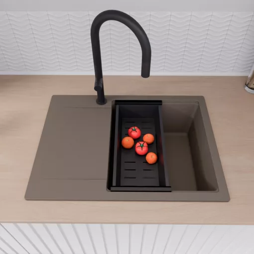 HD Onyx Tortora 68-XL egymedencés gránit mosogatótálca szett, csepegtetőtálcával, vágódeszkával, acél csepegtetőráccsal és matt fekete kosárral, tortora színben, matt fekete leeresztő szifonnal