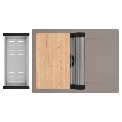 HD Onyx Tortora 68-XL egymedencés gránit mosogatótálca szett, csepegtetőtálcával, vágódeszkával, acél csepegtetőráccsal és kosárral, tortora színben, matt fekete leeresztő szifonnal