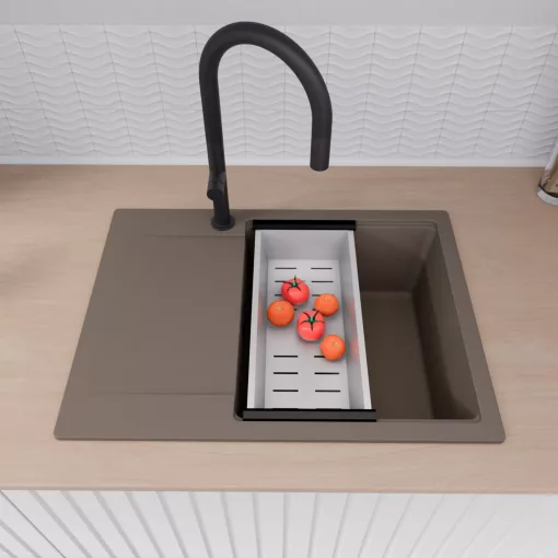 HD Onyx Tortora 68-XL egymedencés gránit mosogatótálca szett, csepegtetőtálcával, vágódeszkával, acél csepegtetőráccsal és kosárral, tortora színben, matt fekete leeresztő szifonnal
