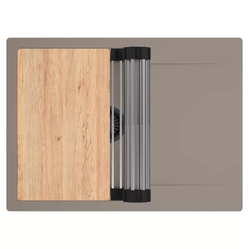 HD Onyx Tortora 68-XL egymedencés gránit mosogatótálca szett, csepegtetőtálcával, vágódeszkával, acél csepegtetőráccsal, tortora színben, matt fekete leeresztő szifonnal