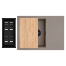 HD Onyx Tortora 68-XL egymedencés gránit mosogatótálca szett, csepegtetőtálcával, vágódeszkával, matt fekete csepegtetőkosárral, tortora színben, matt fekete leeresztő szifonnal