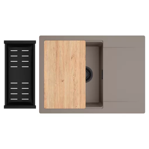 HD Onyx Tortora 68-XL egymedencés gránit mosogatótálca szett, csepegtetőtálcával, vágódeszkával, matt fekete csepegtetőkosárral, tortora színben, matt fekete leeresztő szifonnal