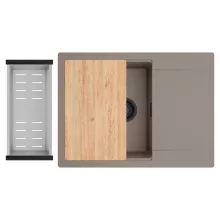 HD Onyx Tortora 68-XL egymedencés gránit mosogatótálca szett, csepegtetőtálcával, vágódeszkával, acél csepegtetőkosárral, tortora színben, matt fekete leeresztő szifonnal