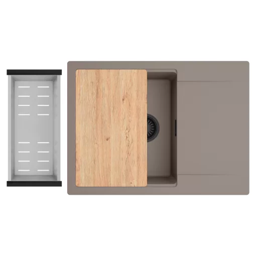 HD Onyx Tortora 68-XL egymedencés gránit mosogatótálca szett, csepegtetőtálcával, vágódeszkával, acél csepegtetőkosárral, tortora színben, matt fekete leeresztő szifonnal