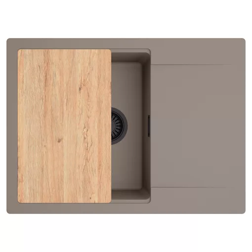 HD Onyx Tortora 68-XL egymedencés gránit mosogatótálca, vágódeszkával, tortora színben, matt fekete leeresztő szifonnal