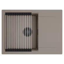 HD Onyx Tortora 68-XL egymedencés mosogatótálca szett, acél csepegtetőráccsal, csepegtetőtálcával, tortora színben, matt fekete leeresztő szifonnal