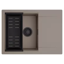 HD Onyx Tortora 68-XL egymedencés mosogatótálca szett, matt fekete csepegtetőkosárral, csepegtetőtálcával, tortora színben, matt fekete leeresztő szifonnal