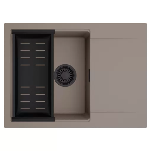 HD Onyx Tortora 68-XL egymedencés mosogatótálca szett, matt fekete csepegtetőkosárral, csepegtetőtálcával, tortora színben, matt fekete leeresztő szifonnal