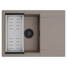 HD Onyx Tortora 68-XL egymedencés mosogatótálca szett, acél csepegtetőkosárral, csepegtetőtálcával, tortora színben, matt fekete leeresztő szifonnal