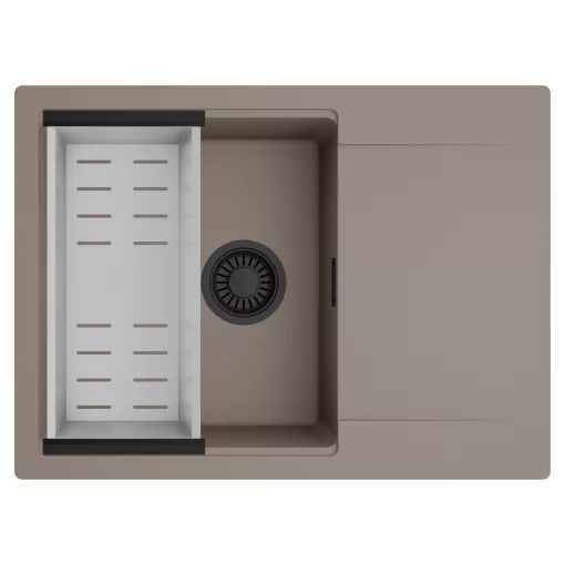 HD Onyx Tortora 68-XL egymedencés mosogatótálca szett, acél csepegtetőkosárral, csepegtetőtálcával, tortora színben, matt fekete leeresztő szifonnal