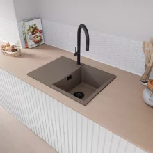 HD Onyx Tortora 68-XL egymedencés mosogatótálca, csepegtetőtálcával, tortora színben, matt fekete leeresztő szifonnal