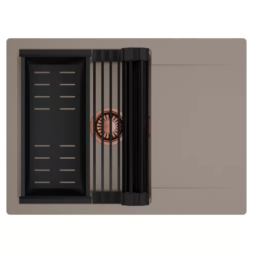 HD Onyx Tortora 68-XL egymedencés mosogatótálca szett, matt fekete csepegtetőráccsal és kosárral, csepegtetőtálcával, tortora színben, szálcsiszolt réz leeresztő szifonnal