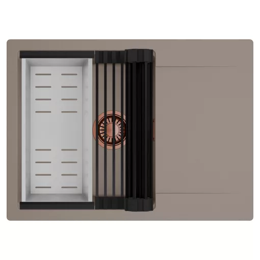 HD Onyx Tortora 68-XL egymedencés mosogatótálca szett, matt fekete csepegtetőráccsal és krómozott kosárral, csepegtetőtálcával, tortora színben, szálcsiszolt réz leeresztő szifonnal