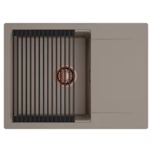 HD Onyx Tortora 68-XL egymedencés mosogatótálca szett, matt fekete csepegtetőráccsal, csepegtetőtálcával, tortora színben, szálcsiszolt réz leeresztő szifonnal