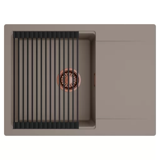 HD Onyx Tortora 68-XL egymedencés mosogatótálca szett, matt fekete csepegtetőráccsal, csepegtetőtálcával, tortora színben, szálcsiszolt réz leeresztő szifonnal