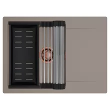 HD Onyx Tortora 68-XL egymedencés mosogatótálca szett, acél csepegtetőráccsal és matt fekete kosárral, csepegtetőtálcával, tortora színben, szálcsiszolt réz leeresztő szifonnal