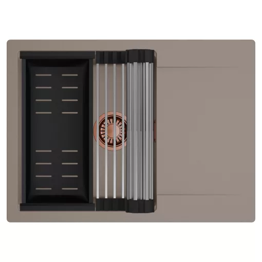 HD Onyx Tortora 68-XL egymedencés mosogatótálca szett, acél csepegtetőráccsal és matt fekete kosárral, csepegtetőtálcával, tortora színben, szálcsiszolt réz leeresztő szifonnal