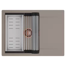 HD Onyx Tortora 68-XL egymedencés mosogatótálca szett, acél csepegtetőráccsal és kosárral, csepegtetőtálcával, tortora színben, szálcsiszolt réz leeresztő szifonnal