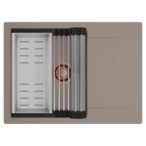 HD Onyx Tortora 68-XL egymedencés mosogatótálca szett, acél csepegtetőráccsal és kosárral, csepegtetőtálcával, tortora színben, szálcsiszolt réz leeresztő szifonnal