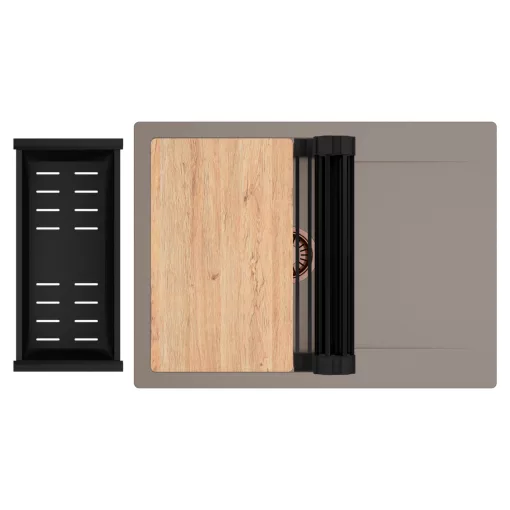 HD Onyx Tortora 68-XL egymedencés gránit mosogatótálca szett, csepegtetőtálcával, vágódeszkával, matt fekete csepegtetőráccsal és kosárral, tortora színben, szálcsiszolt réz leeresztő szifonnal