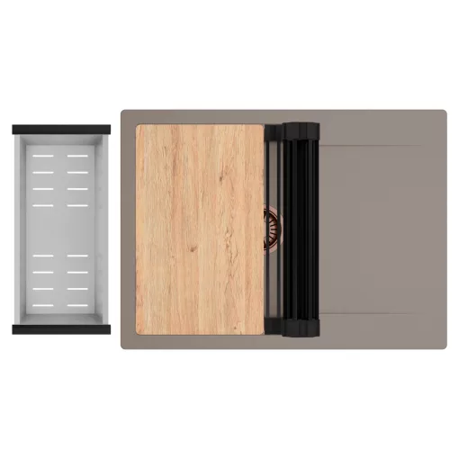 HD Onyx Tortora 68-XL egymedencés gránit mosogatótálca szett, csepegtetőtálcával, vágódeszkával, matt fekete csepegtetőráccsal és krómozott kosárral, tortora színben, szálcsiszolt réz leeresztő szifonnal