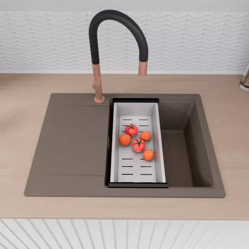 HD Onyx Tortora 68-XL egymedencés gránit mosogatótálca szett, csepegtetőtálcával, vágódeszkával, matt fekete csepegtetőráccsal és krómozott kosárral, tortora színben, szálcsiszolt réz leeresztő szifonnal