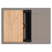 HD Onyx Tortora 68-XL egymedencés gránit mosogatótálca szett, csepegtetőtálcával, vágódeszkával, matt fekete csepegtetőráccsal, tortora színben, szálcsiszolt réz leeresztő szifonnal