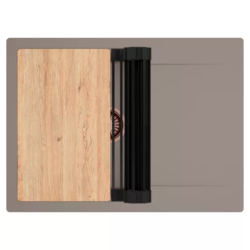 HD Onyx Tortora 68-XL egymedencés gránit mosogatótálca szett, csepegtetőtálcával, vágódeszkával, matt fekete csepegtetőráccsal, tortora színben, szálcsiszolt réz leeresztő szifonnal