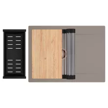 HD Onyx Tortora 68-XL egymedencés gránit mosogatótálca szett, csepegtetőtálcával, vágódeszkával, acél csepegtetőráccsal és matt fekete kosárral, tortora színben, szálcsiszolt réz leeresztő szifonnal