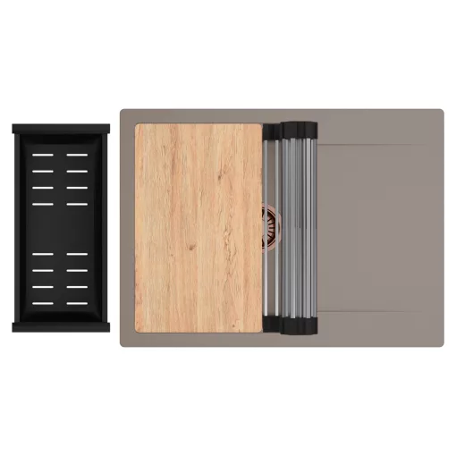 HD Onyx Tortora 68-XL egymedencés gránit mosogatótálca szett, csepegtetőtálcával, vágódeszkával, acél csepegtetőráccsal és matt fekete kosárral, tortora színben, szálcsiszolt réz leeresztő szifonnal