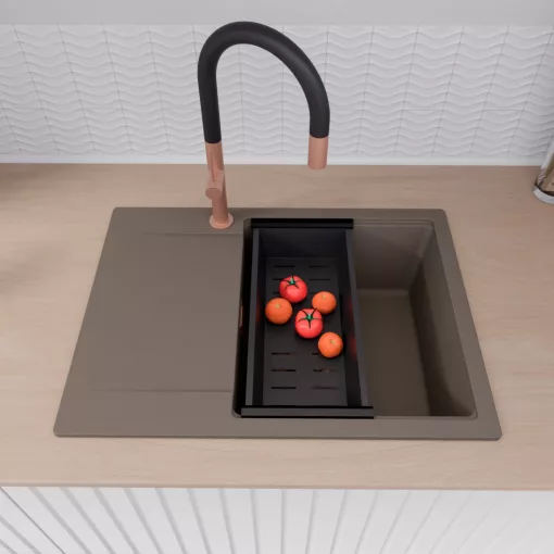 HD Onyx Tortora 68-XL egymedencés gránit mosogatótálca szett, csepegtetőtálcával, vágódeszkával, acél csepegtetőráccsal és matt fekete kosárral, tortora színben, szálcsiszolt réz leeresztő szifonnal