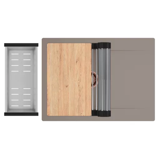 HD Onyx Tortora 68-XL egymedencés gránit mosogatótálca szett, csepegtetőtálcával, vágódeszkával, acél csepegtetőráccsal és kosárral, tortora színben, szálcsiszolt réz leeresztő szifonnal